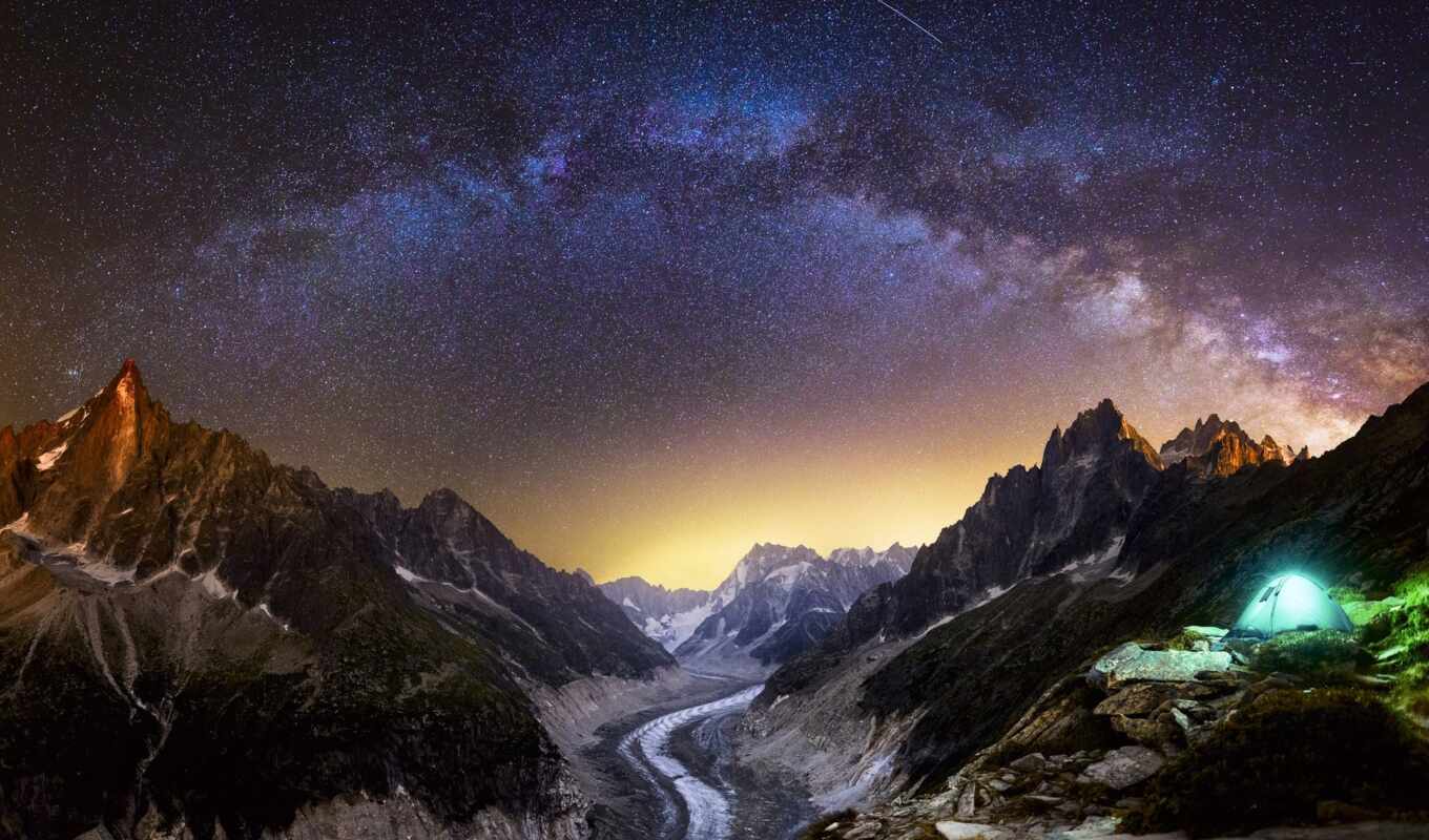 mountain, road, milky, way, valley, starry, camp, white, mont, chamonix, aiguille