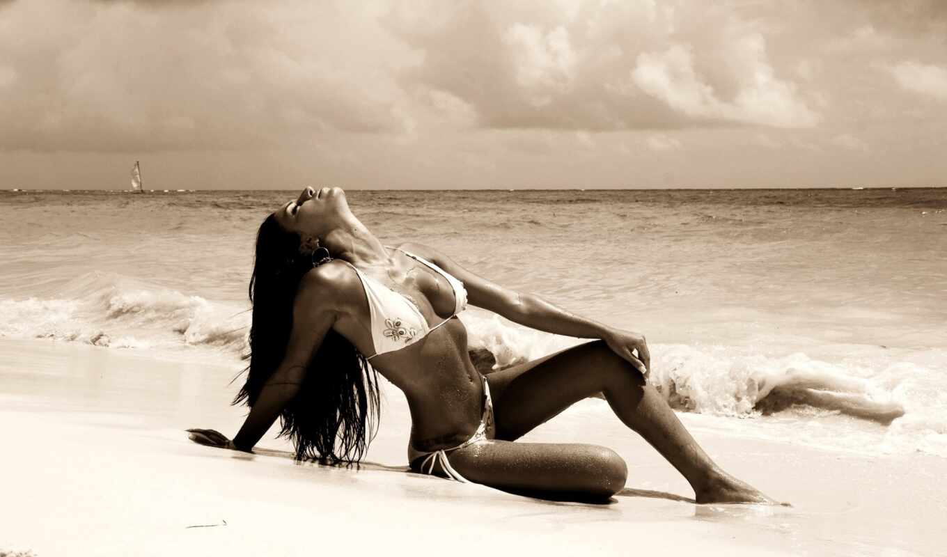 girl, water, beach, swimsuit, sea, sand, cloud, the waves