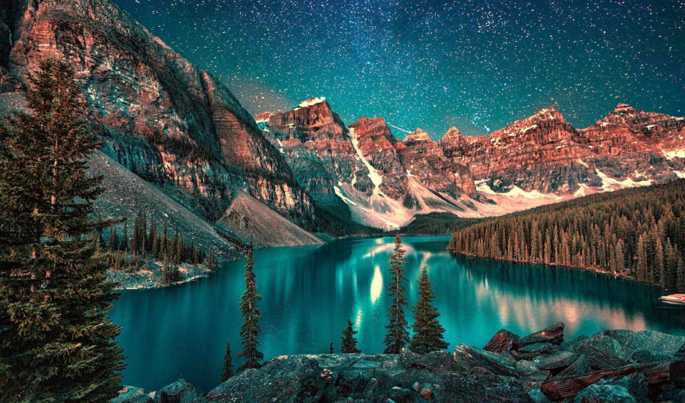 lake, night, Canada, alberta, park, national, moraine, banff