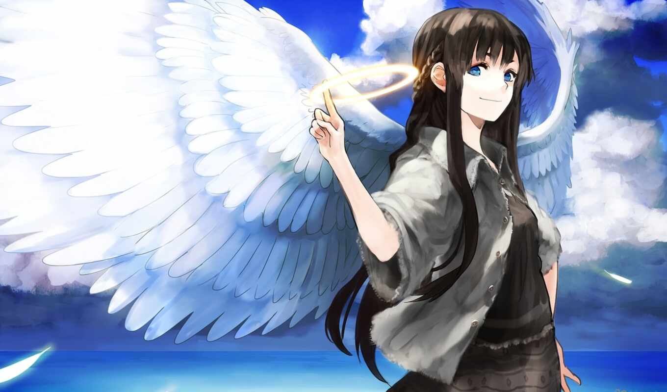 art, girl, anime, beautiful, sea, angel, halo, angels, devushki, cloud, wings