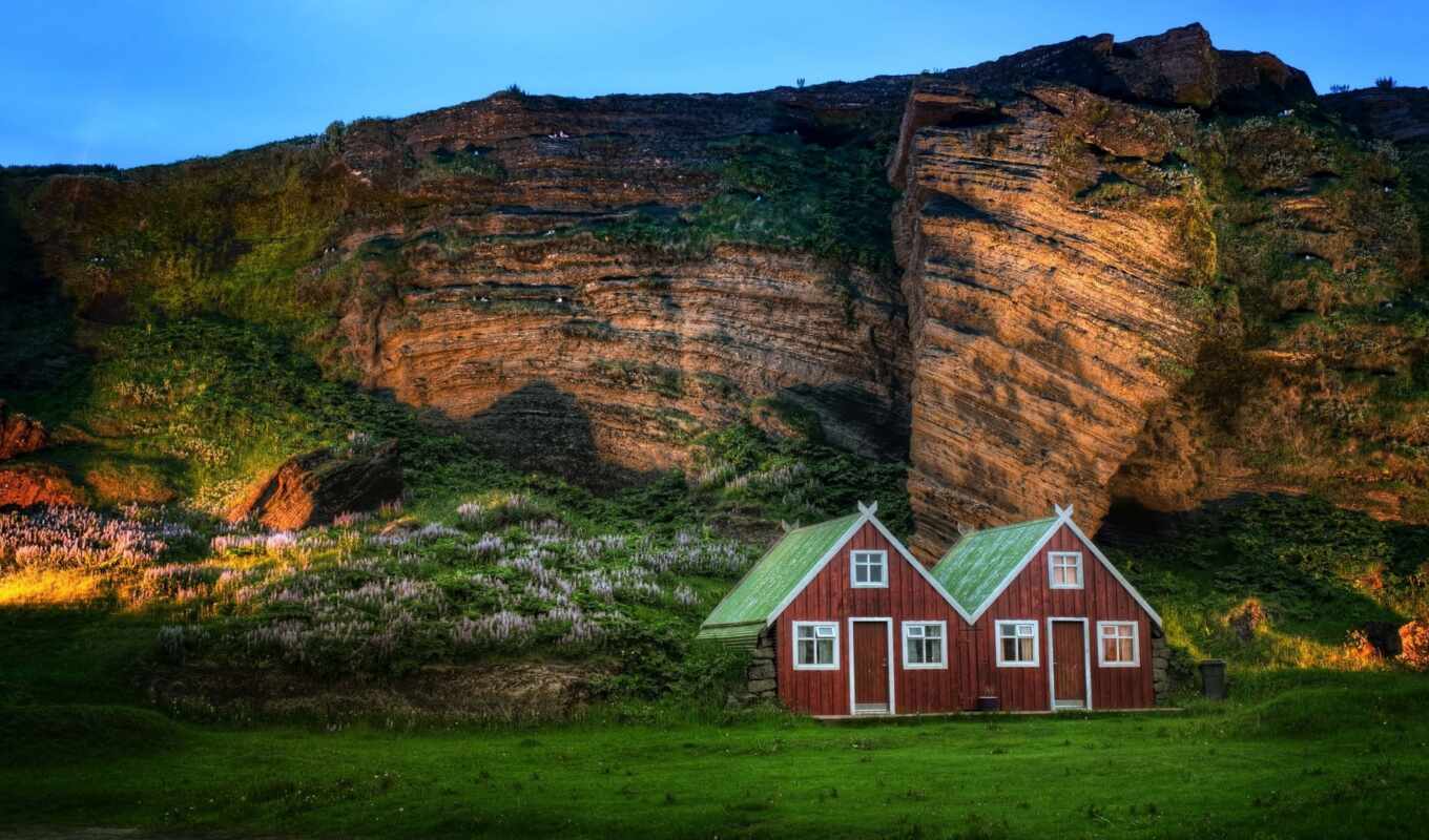 light, mountain, rock, monitor, iceland, meadow, church, houses