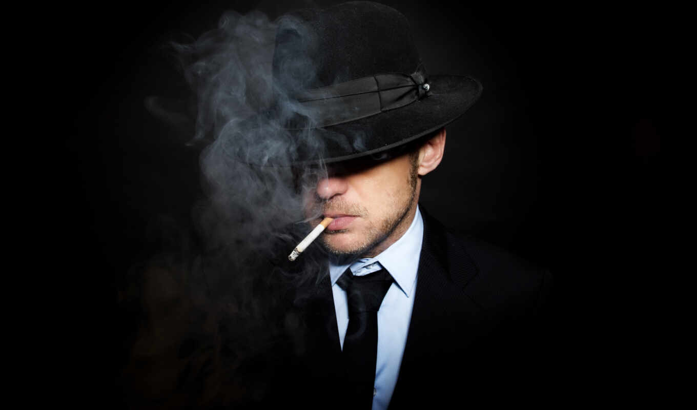 мужчина, черном, шляпе, сигаретой, костюме, галстуке, рту, мужчины