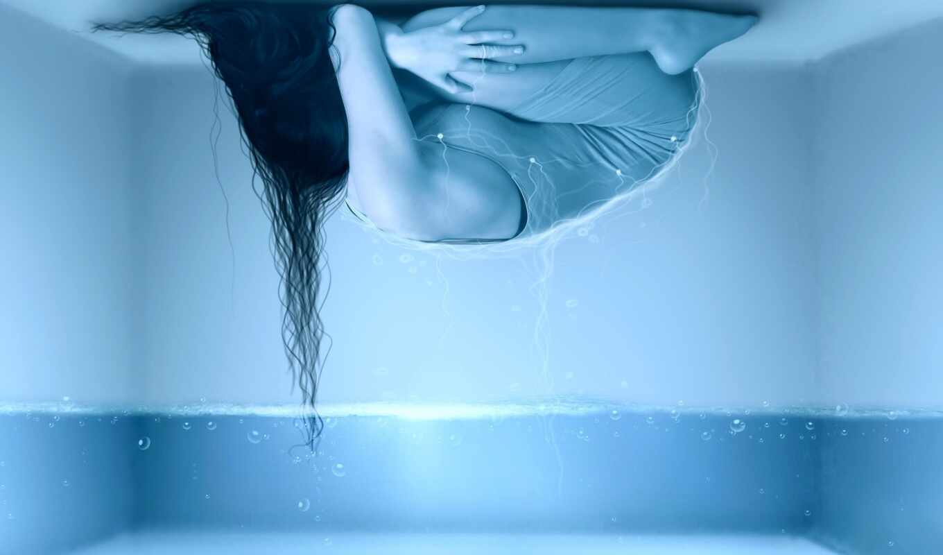 girl, room, water, beautiful, lies, ceiling, loneliness, bubbles
