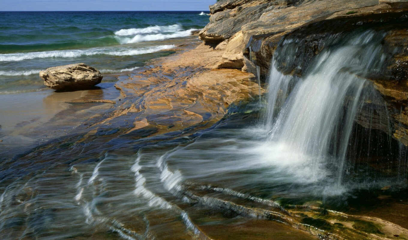 nature, water, sea, coast, waterfall, waves, stones, rocks, glass
