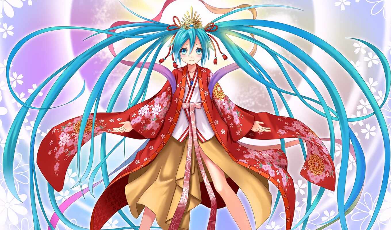 blue, girl, anime, miku, hatsune, eyes, two, kimono