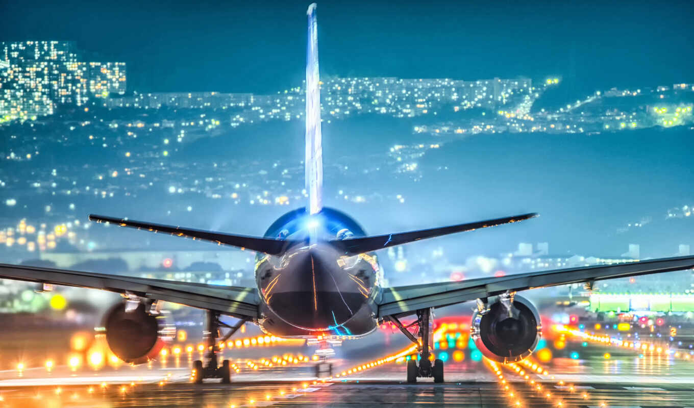 aviation, city, airport, night, landing, plane, vzletka