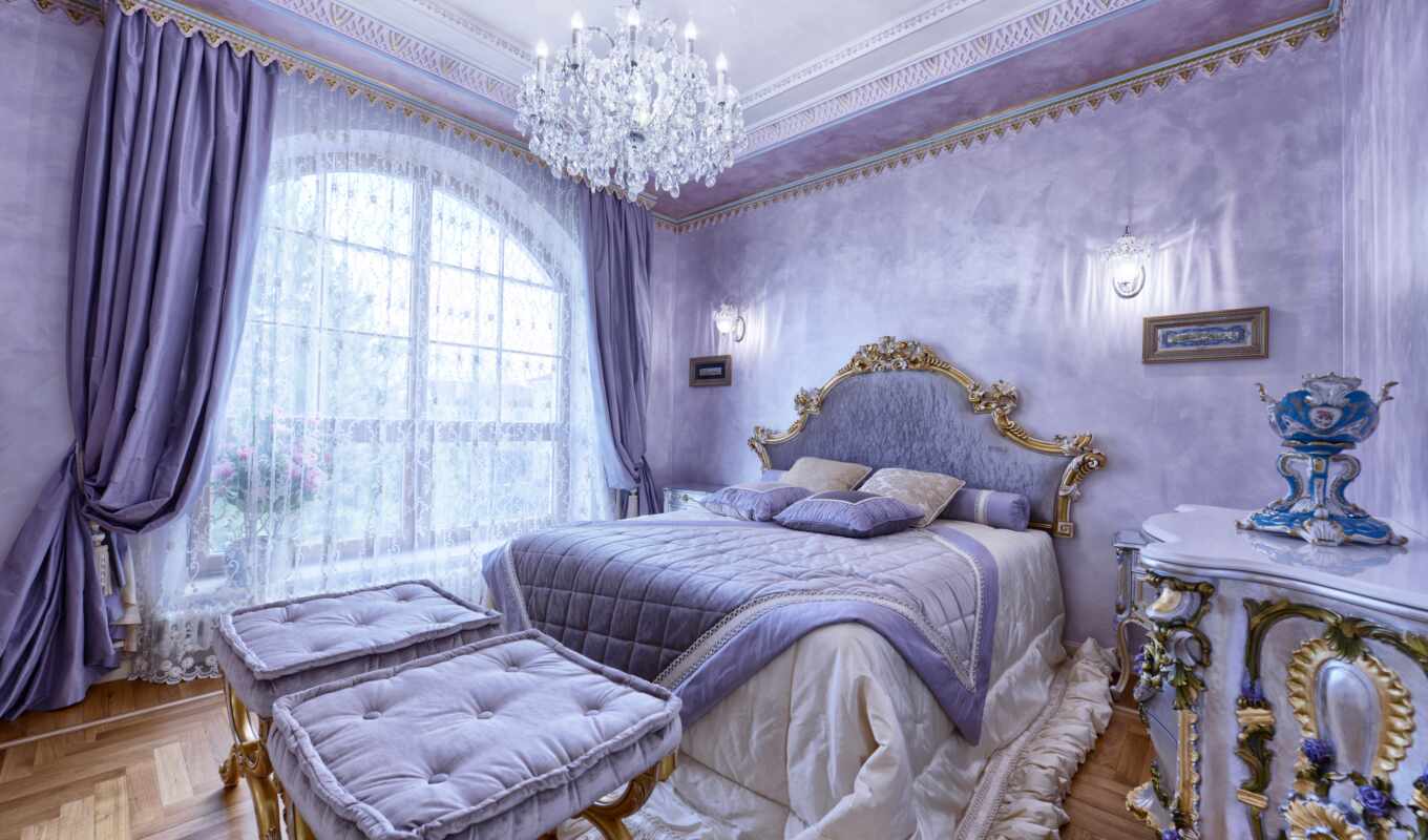 interior, bedroom, lilac, curtain