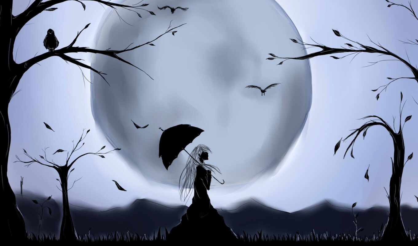 art, женщина, дерево, луна, птица, fantasy, силуэт, зонтик