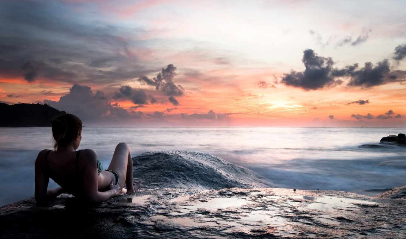 девушка, закат, море