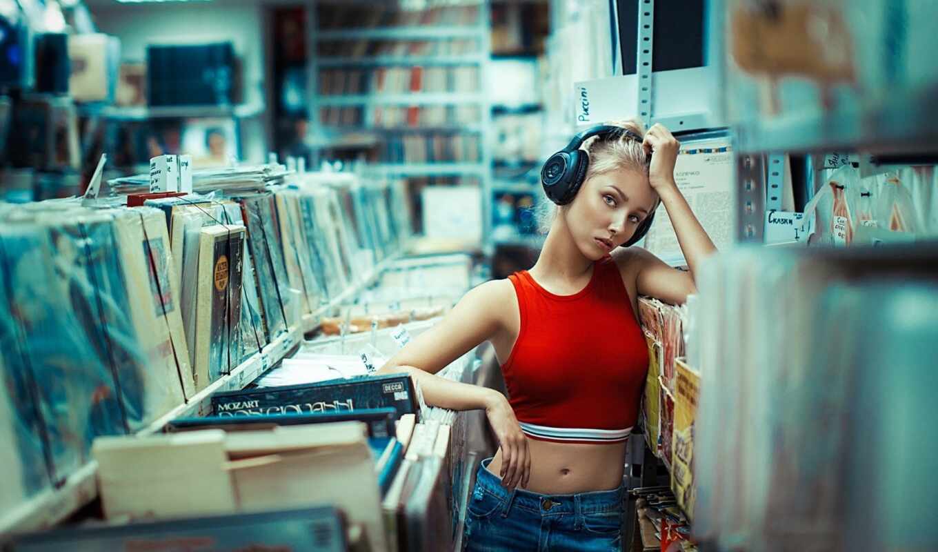 headphones, vinyl, blonde, portrait, library