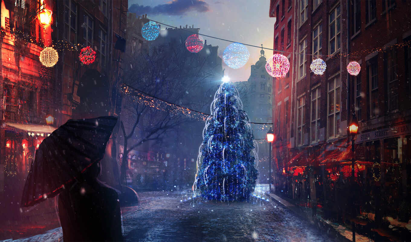 new, city, night, street, christmas, day, village, holiday, new year, Christmas tree