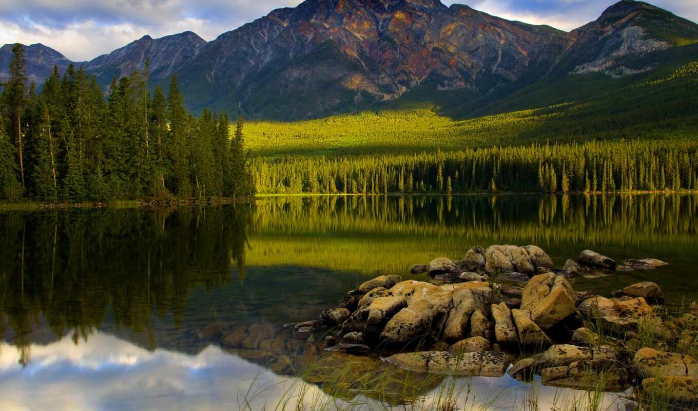 канада, landscape, озеро, mountains, trees, park, горы, national, лес, 