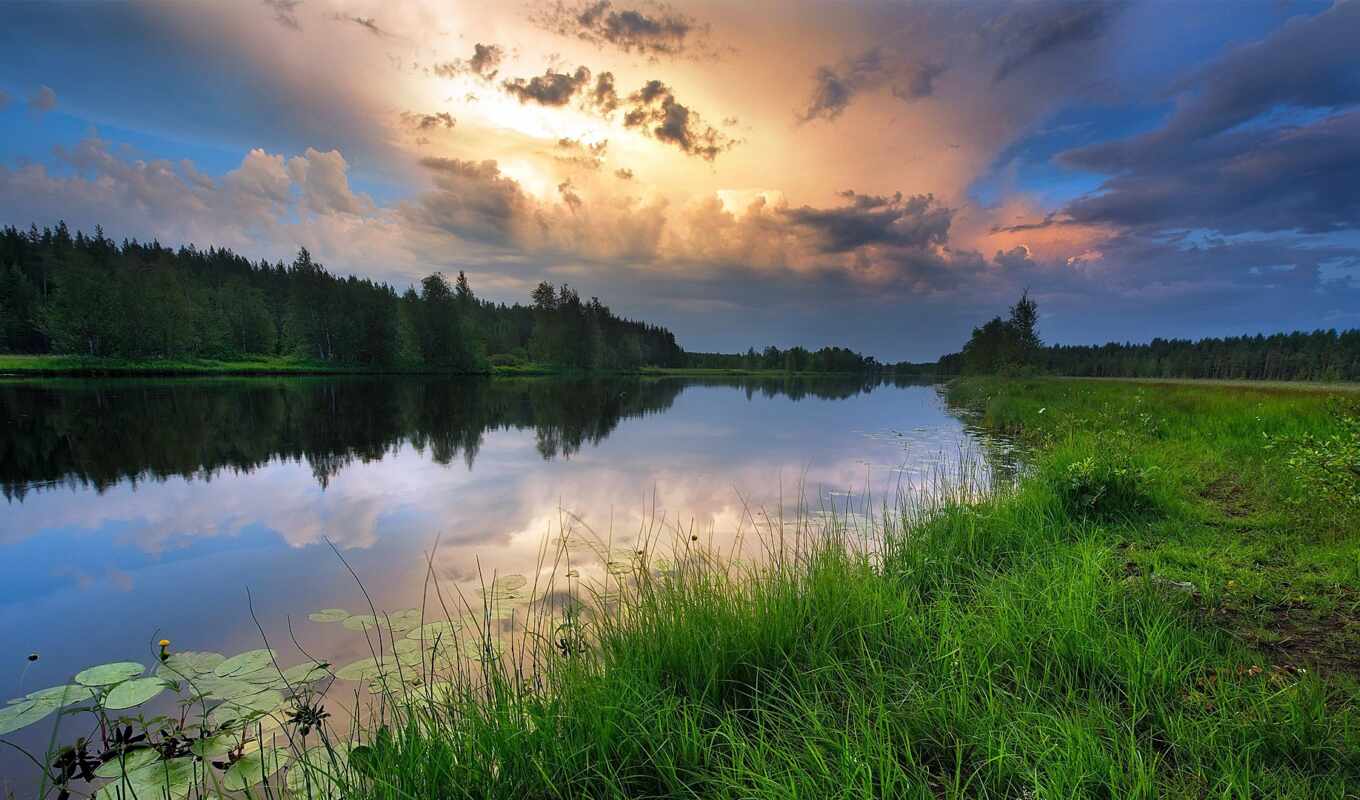 sky, grass, sunset, forest, moscow, square, coast, beautiful, river, reflection, region