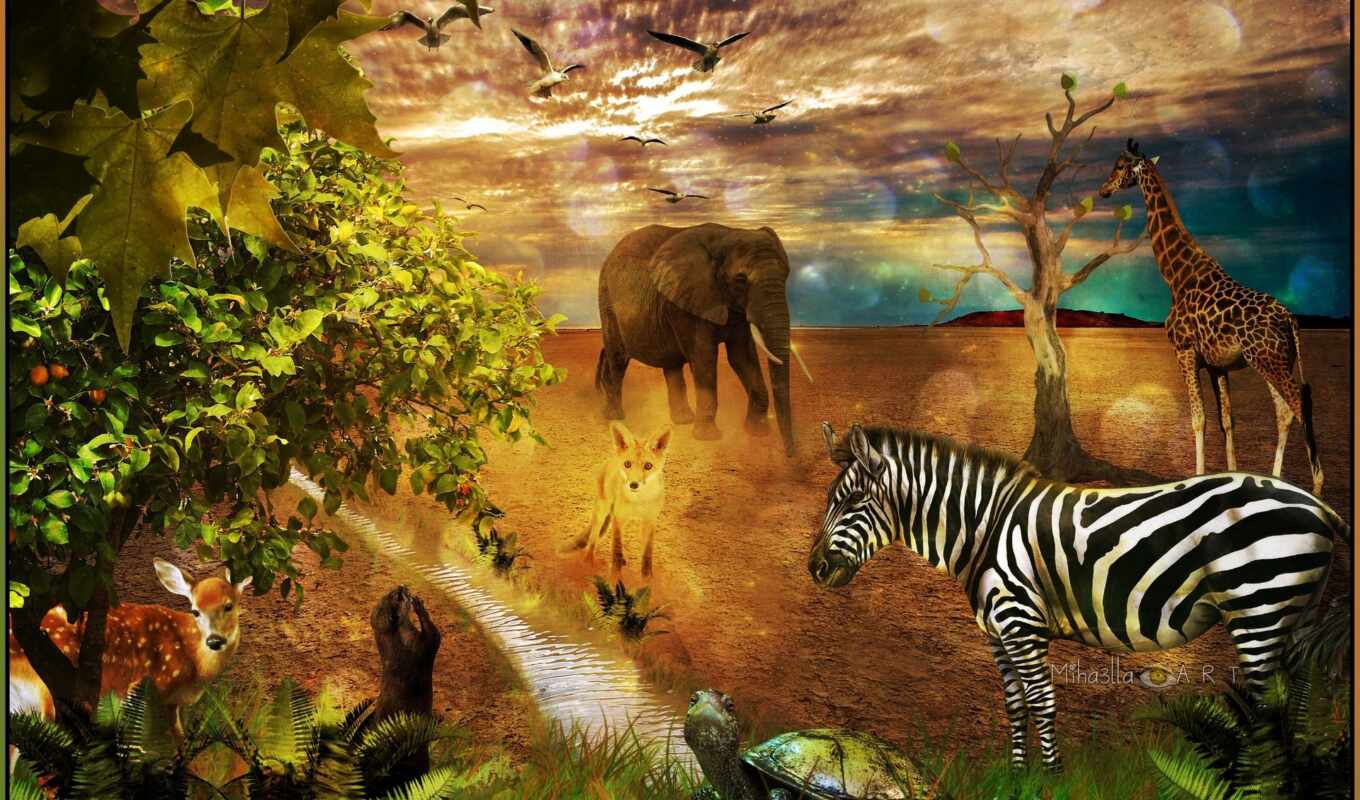 art, реальность, фокс, слон, лань, жираф, zebra, tm, virtual, фотообои