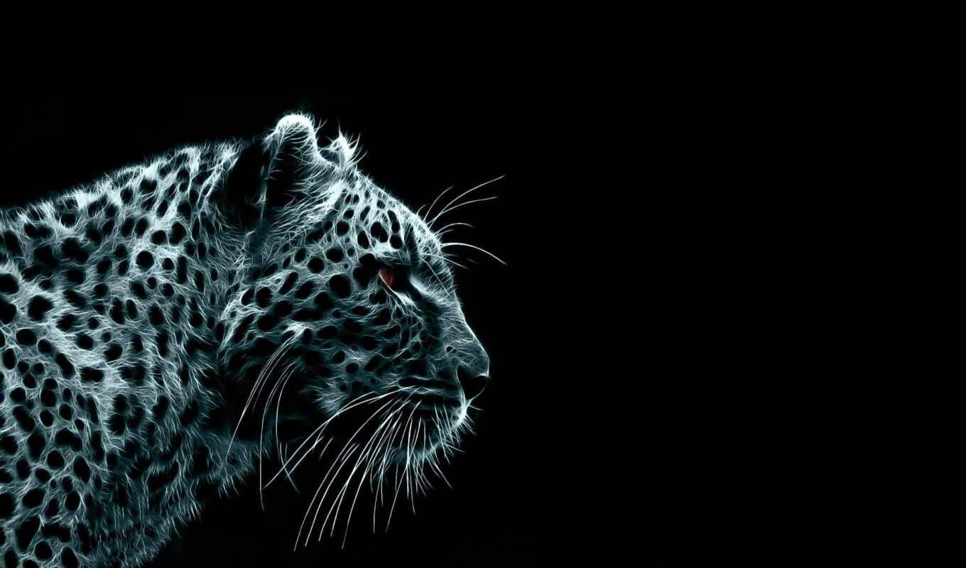 black, white, кот, биг, леопард, animal, jaguar, monochrome, фракталий, млекопитающее