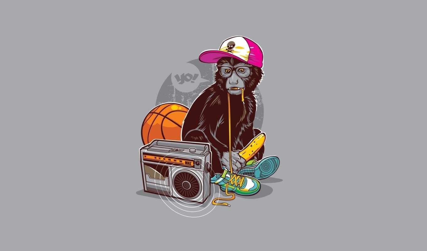 a monkey, minimalism, tape recorder, illustrator, banana, crossings, 0, enzy