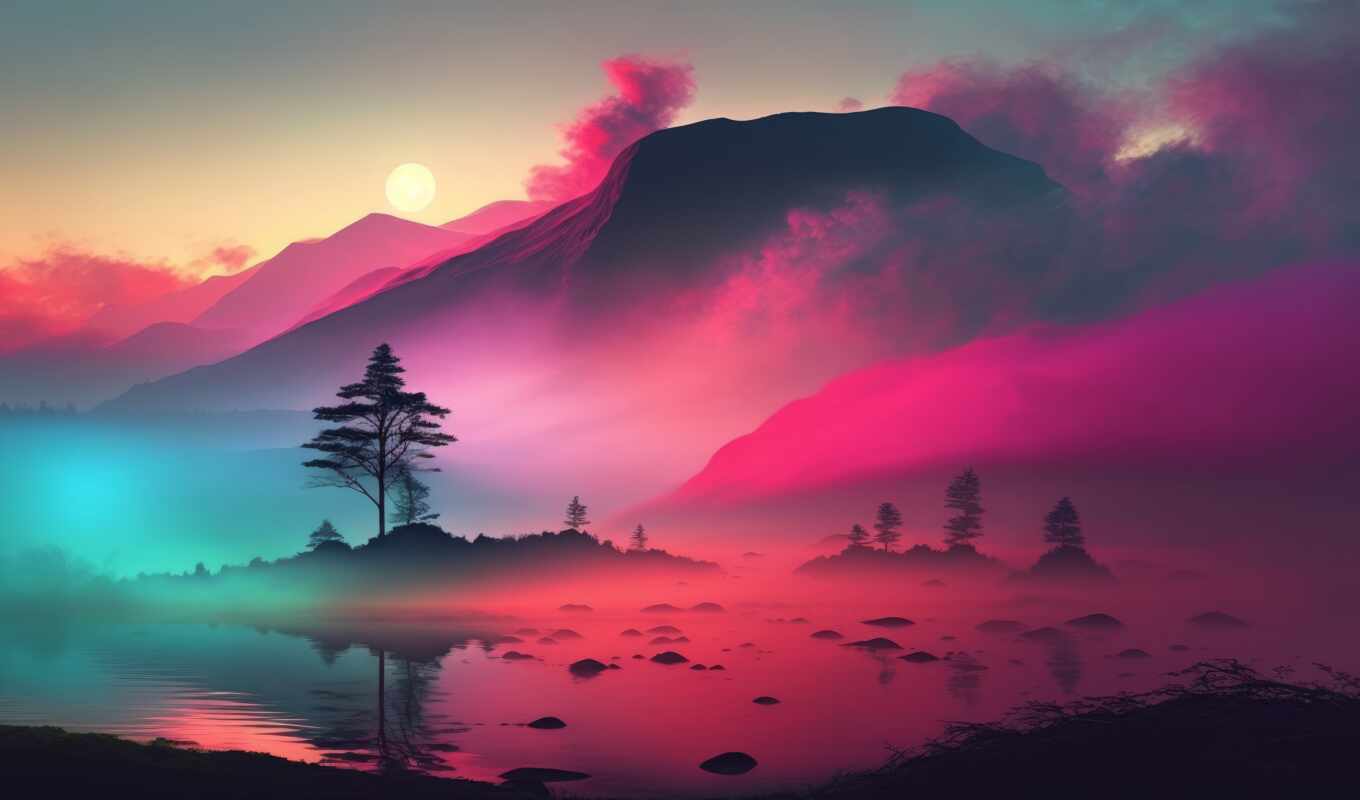 lake, art, mountain, landscape, morning, sunrise, fog