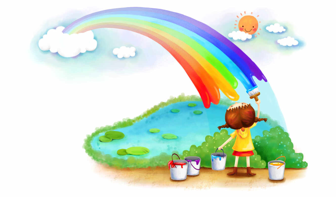 the clouds, sky, rainbow, girl, pond, the sun, paints, painted