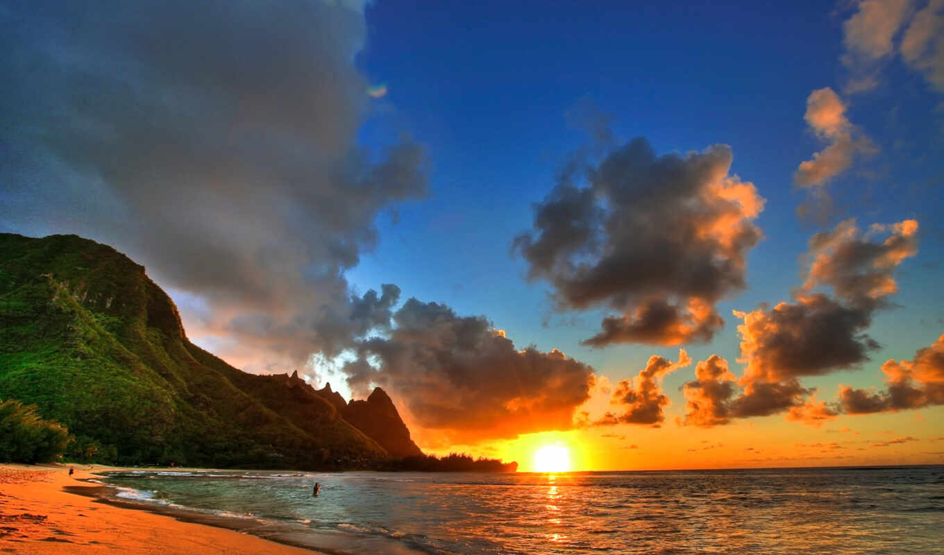 desktop, sun, пляж, море, красавица, hawaii, горы, тучи