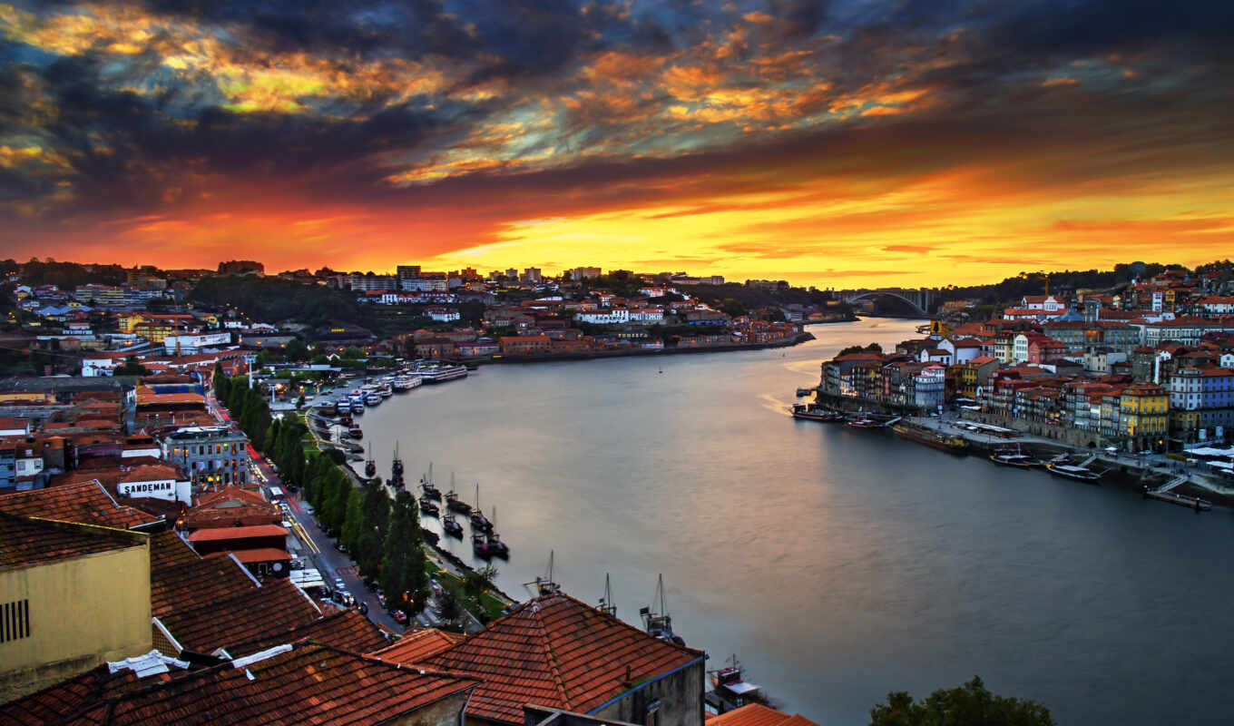 закат, город, рассвет, река, португалия