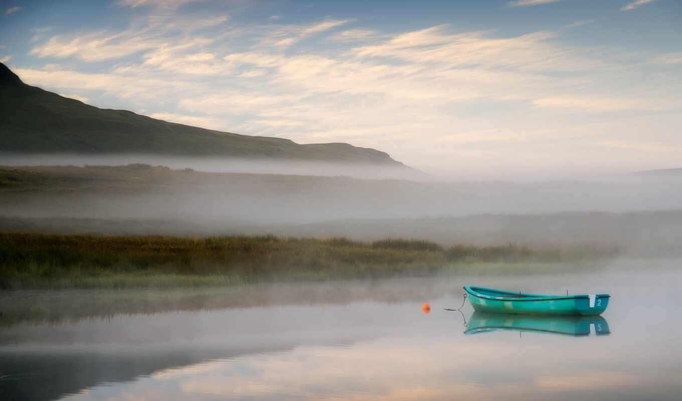 lake, there is, large format, landscape, morning, everyone, fog, a boat, tag, which