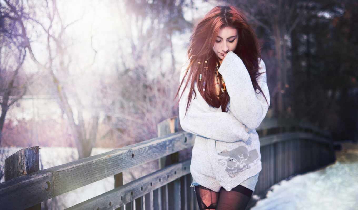 девушка, red, anime, снег, winter, волосы, мост, cute, характер, зима
