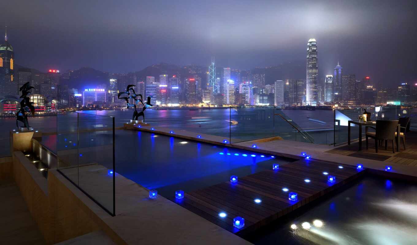 at home, light, night, cities, lights, skyscrapers, roads, swimming pool, windows
