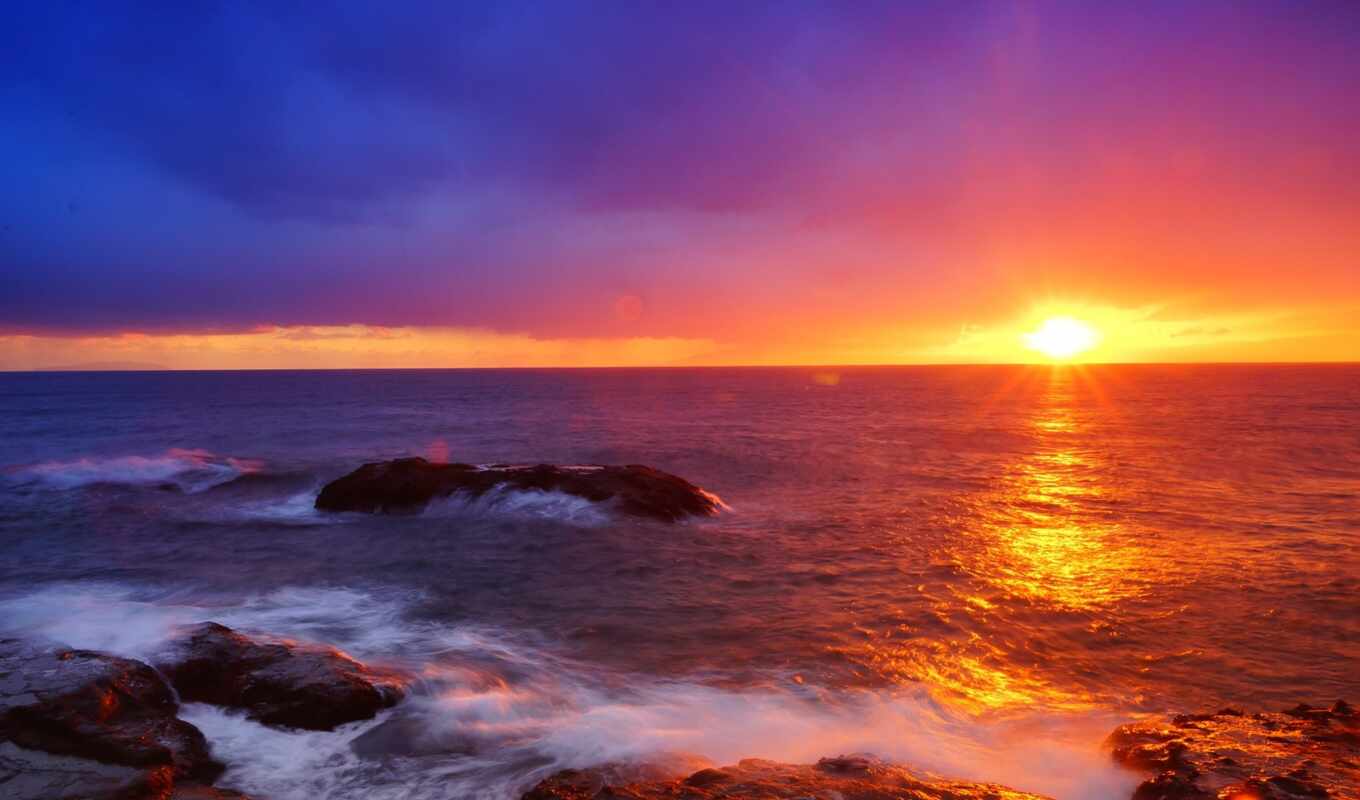 sun, sunset, landscape, sea, wave, afterglow