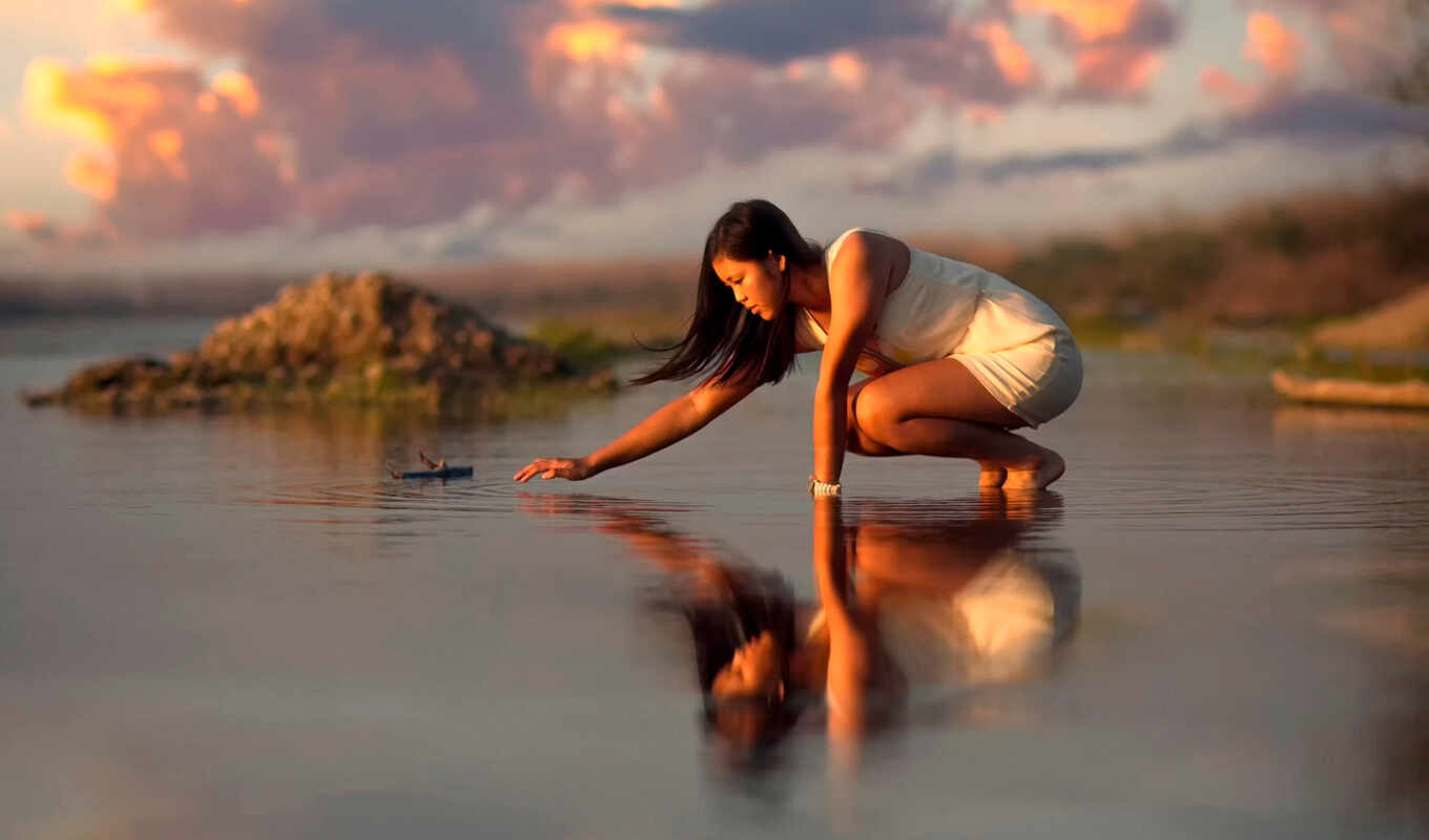 girl, water, reflection, water, East, exterior, cloud, ripples, reflected