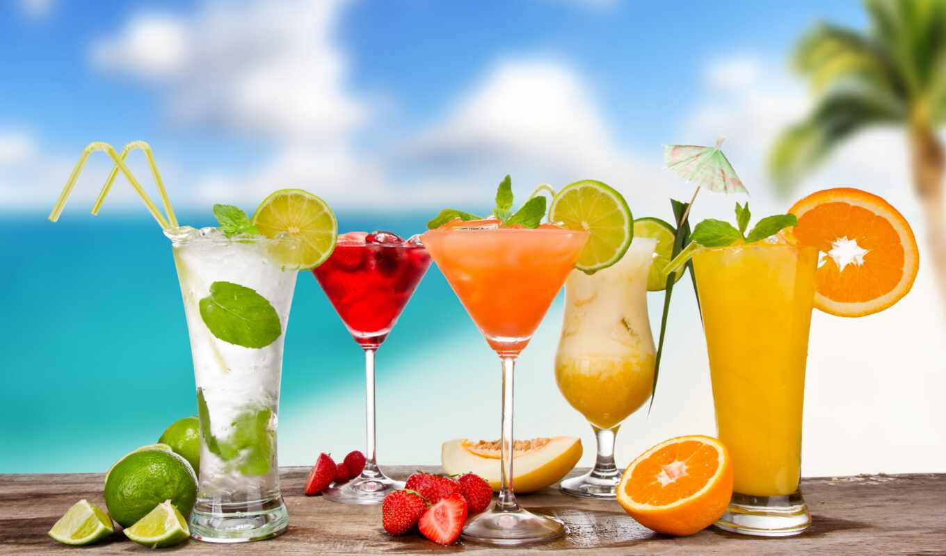 ice, umbrellas, cocktails, cocktails, fruits, berries, mojito, glasses