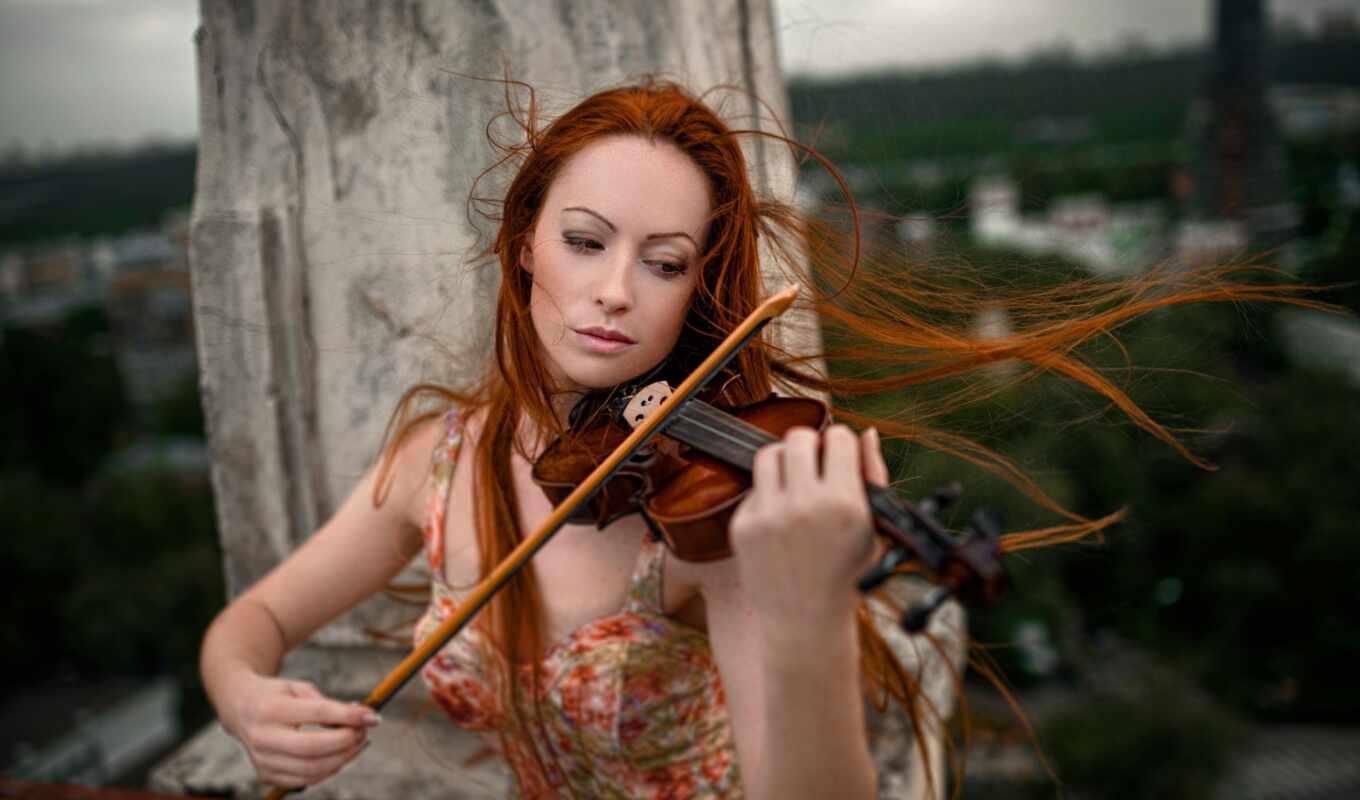 girl, hair, dog, violin