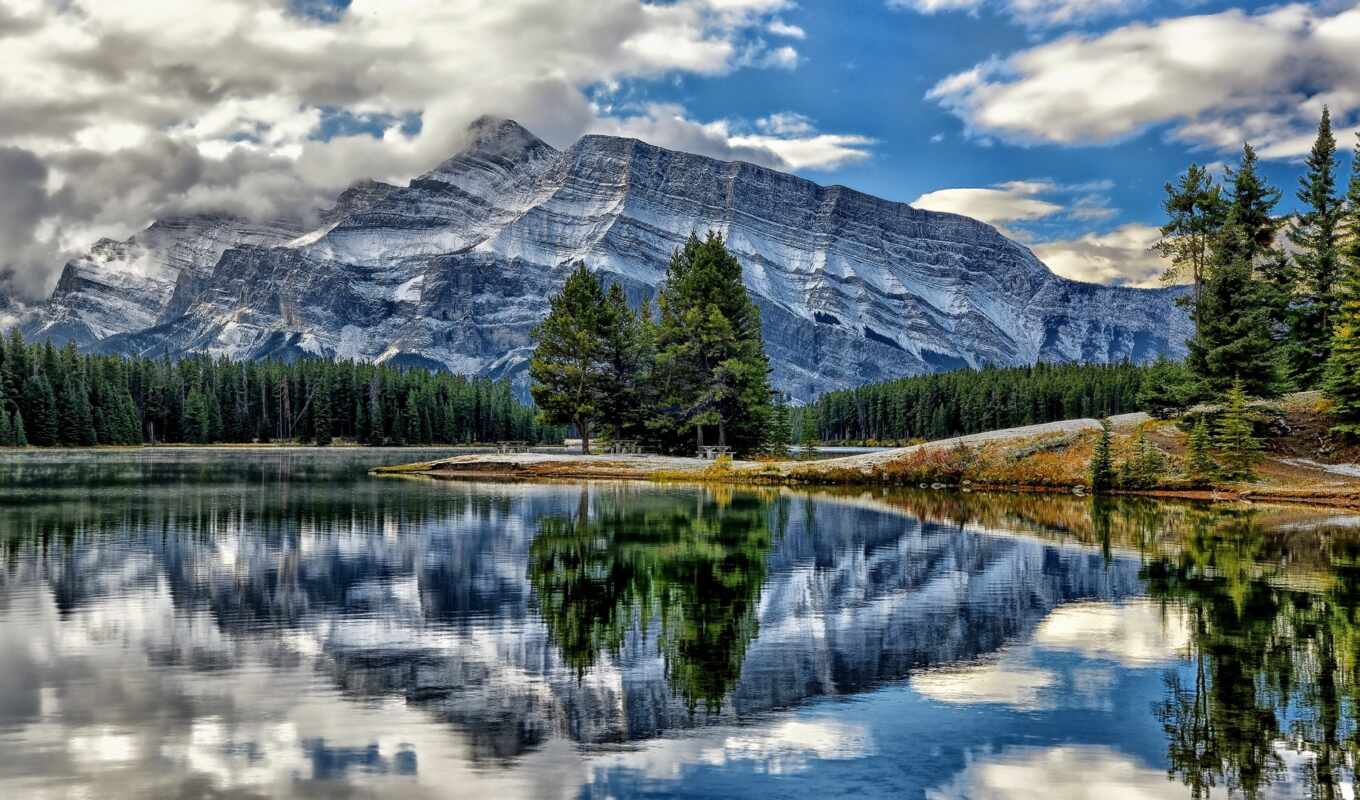 озеро, природа, красивая, канада, jack, два, mount, banff, канадский, горы, rundle