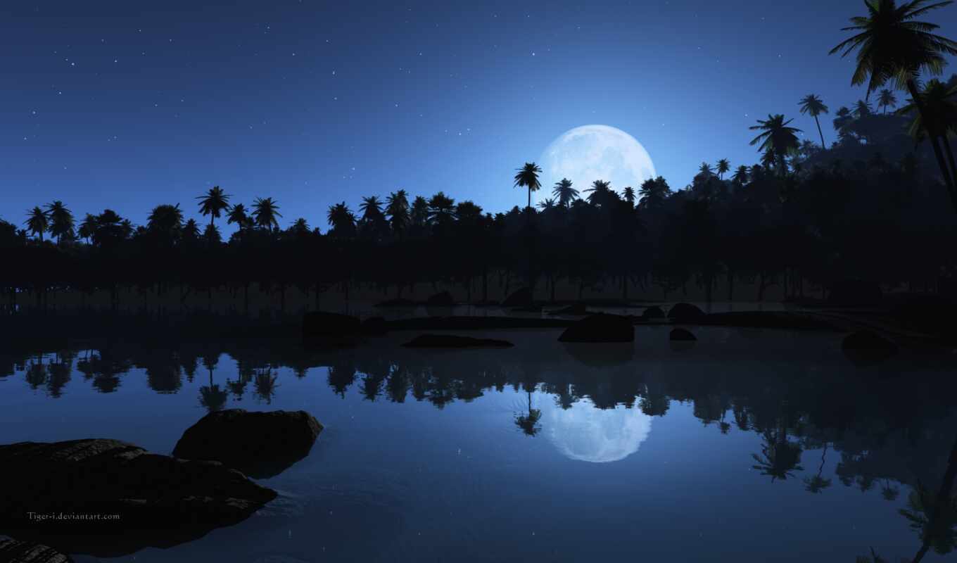 lake, moon, reflect