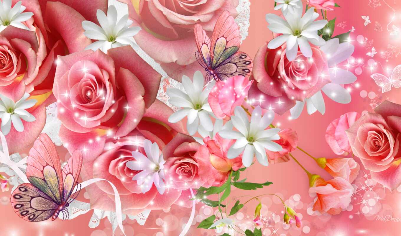 flowers, rose, butterfly, pink, takeoff