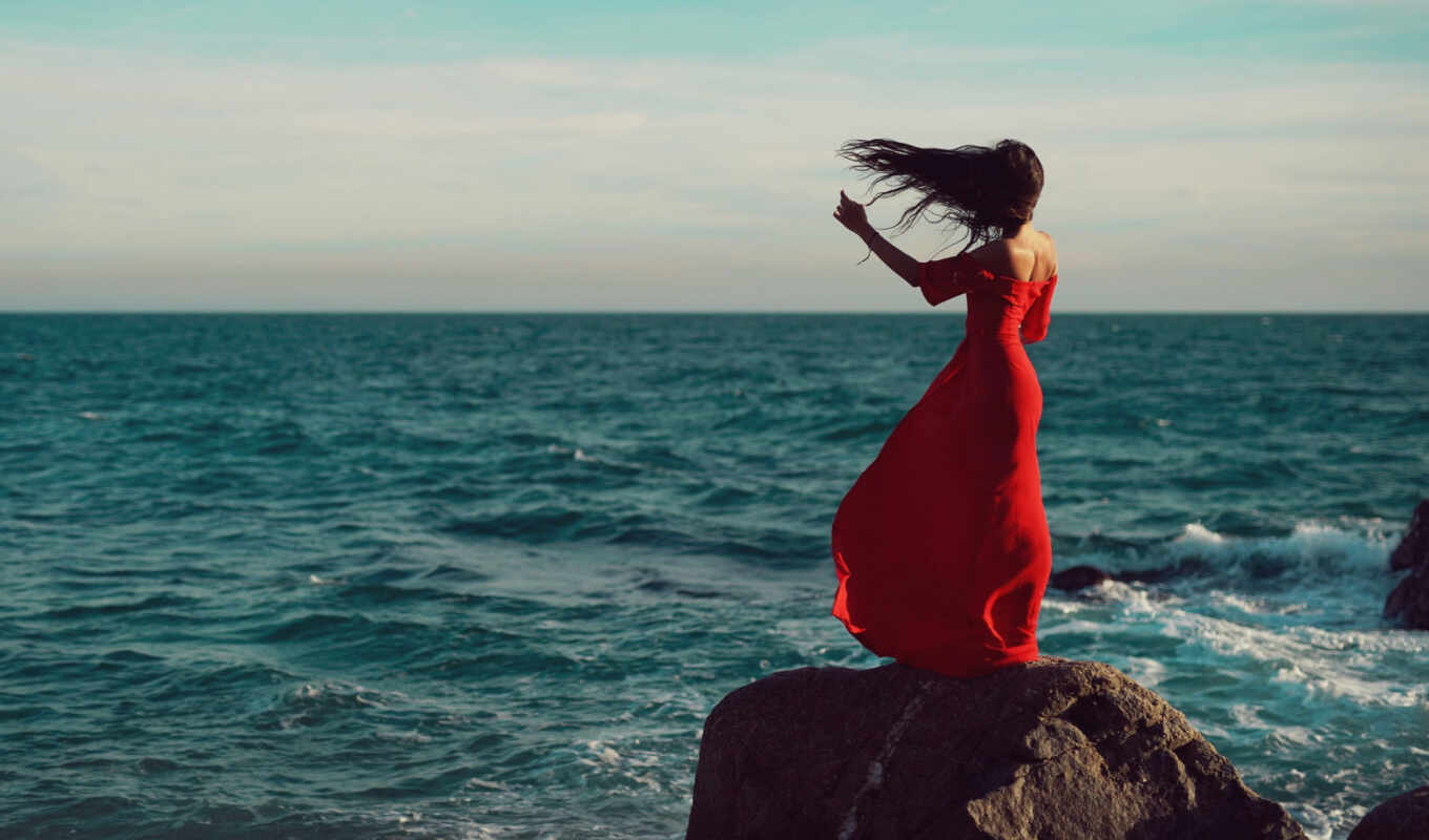 girl, red, sea, dress