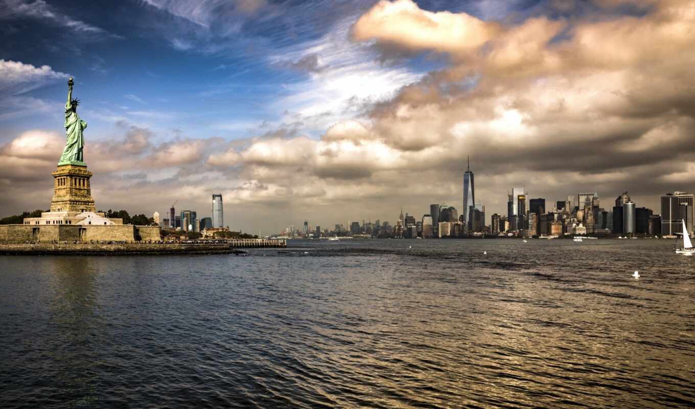 new, city, statue, cloud, build, manhattan, york, liberty