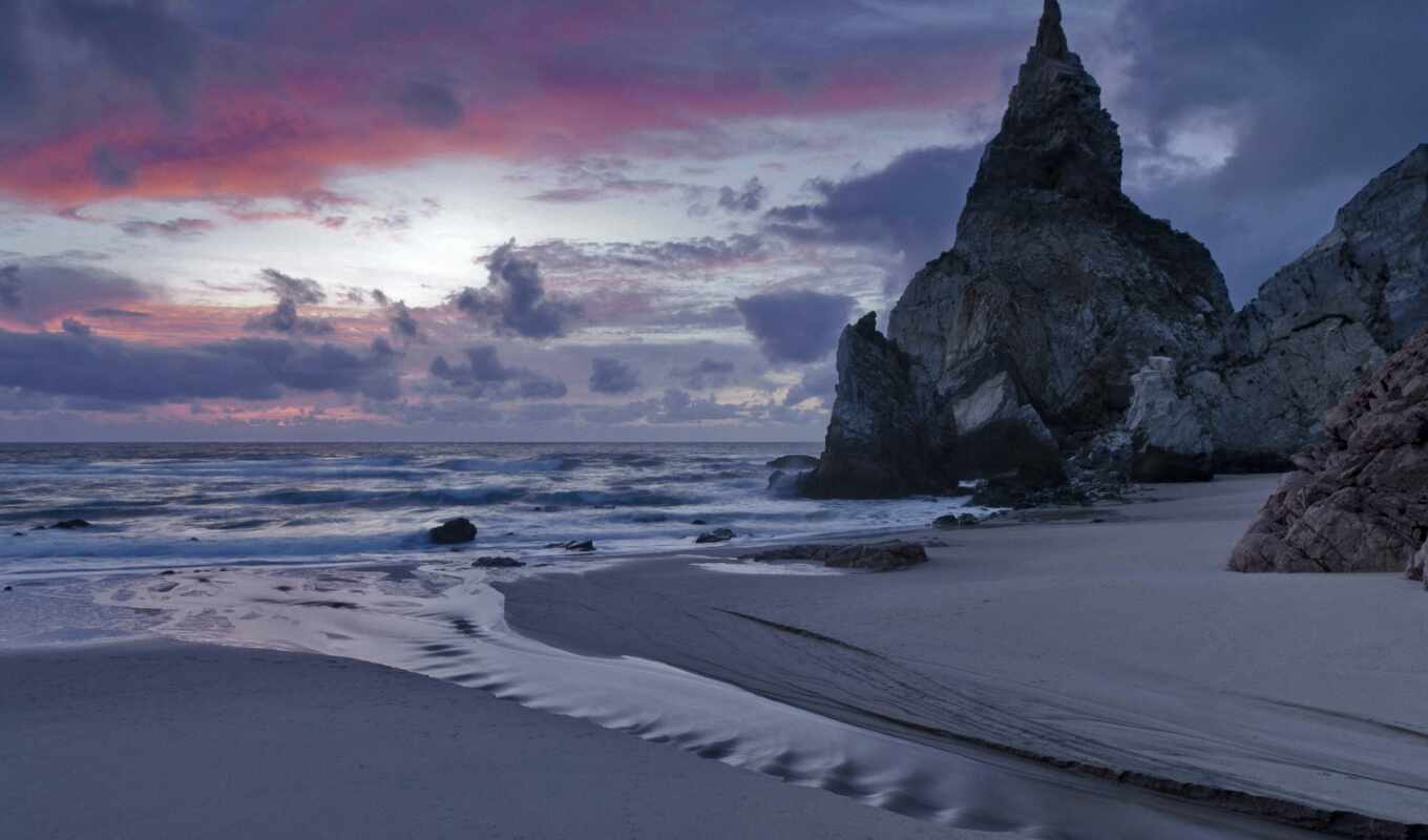 небо, закат, вечер, море, берег, песок, surf, сумерки, португалия, тучи, скалы