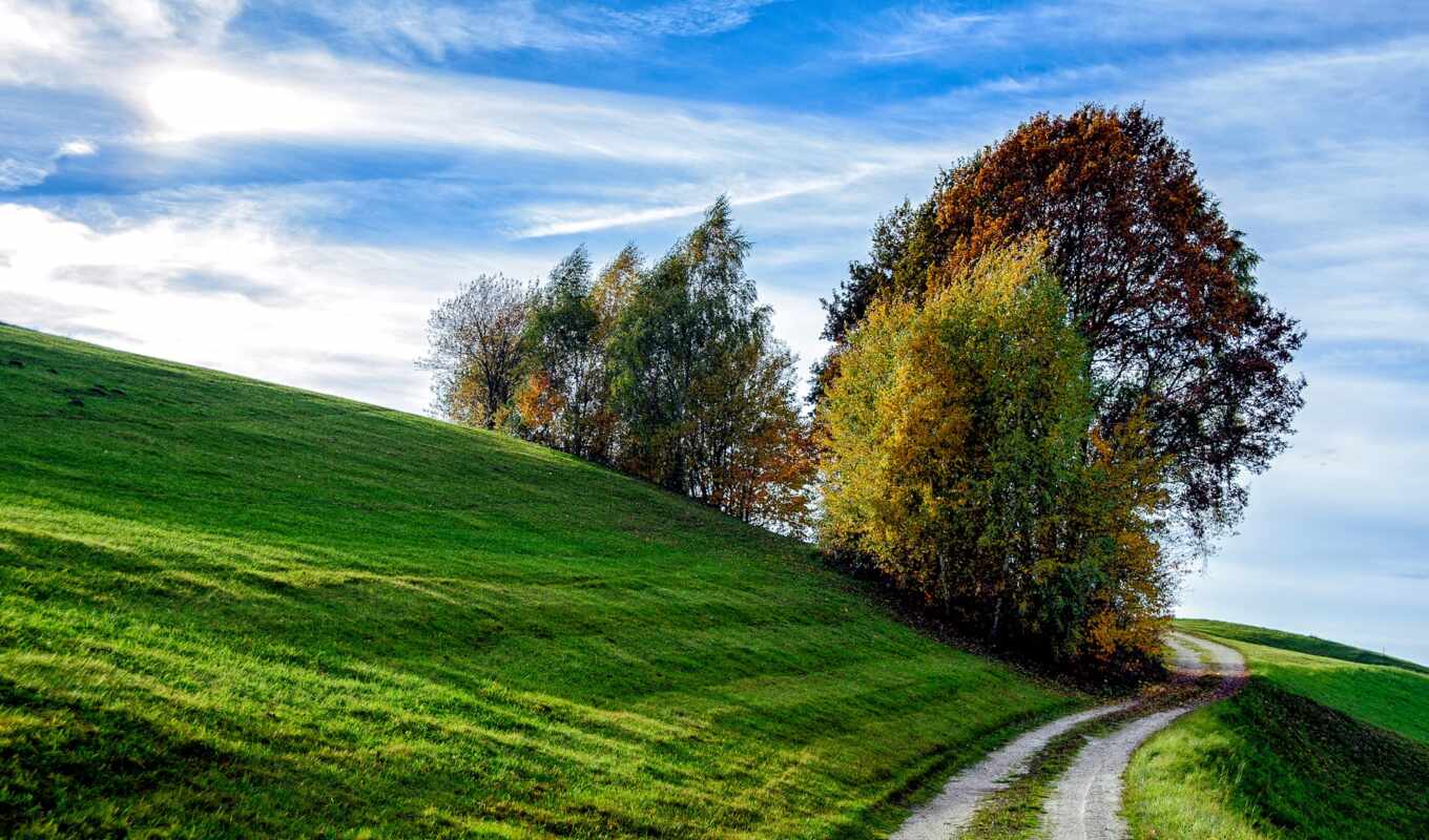 небо, фото, зелёный, трава, дорога, осень, рамочка, hill, склон, разное