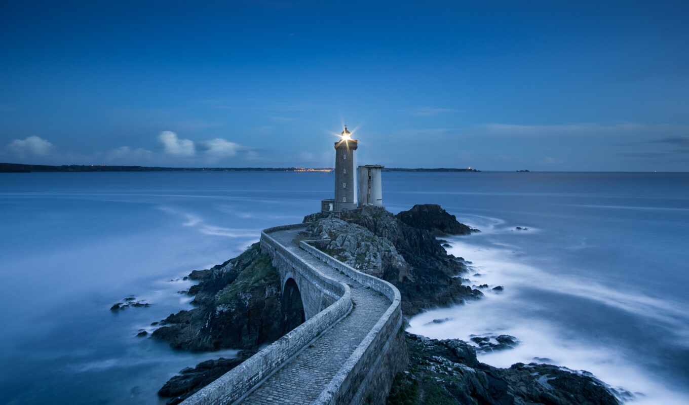 photo, wall, blue, stone, evening, landscape, sea, lighthouse, wave, horizon, expensive