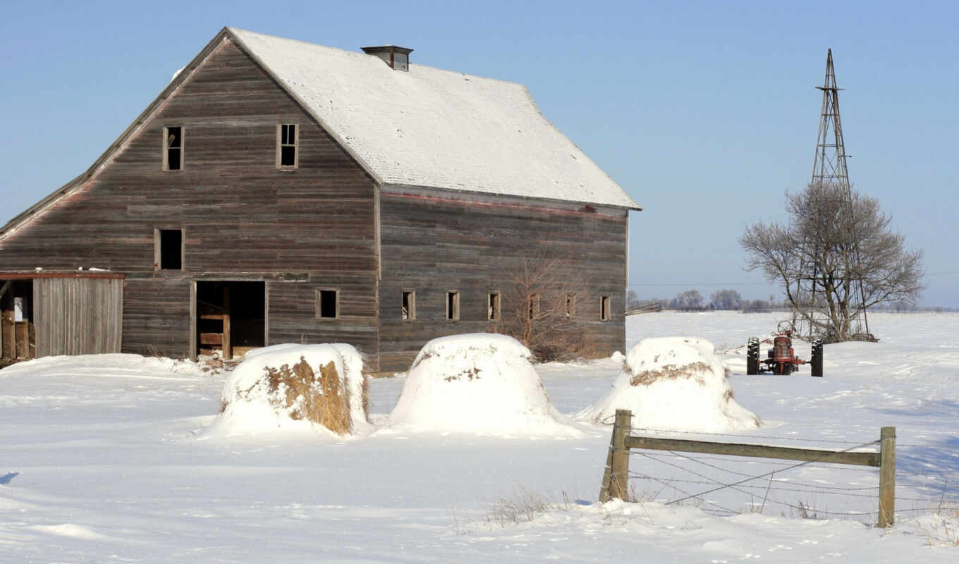 snow, winter, country, well, milk, farm, scene, barn