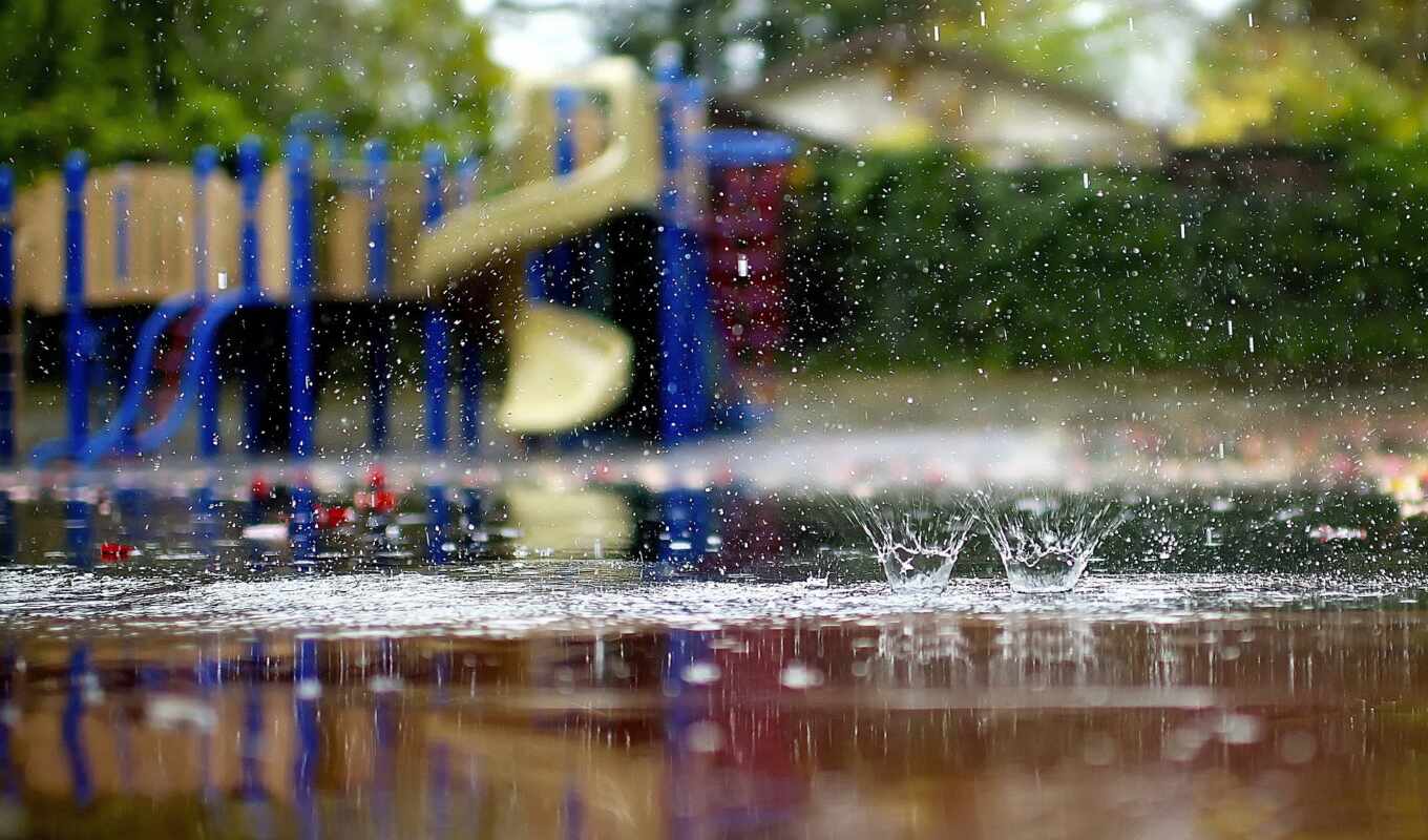 rain, square, autumn, splashes, puddle, nursery