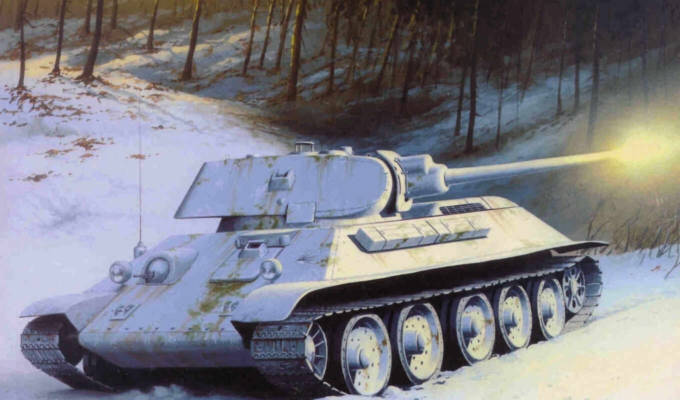арт, советский, танк, зима, снег, деревья, средний, medium, 