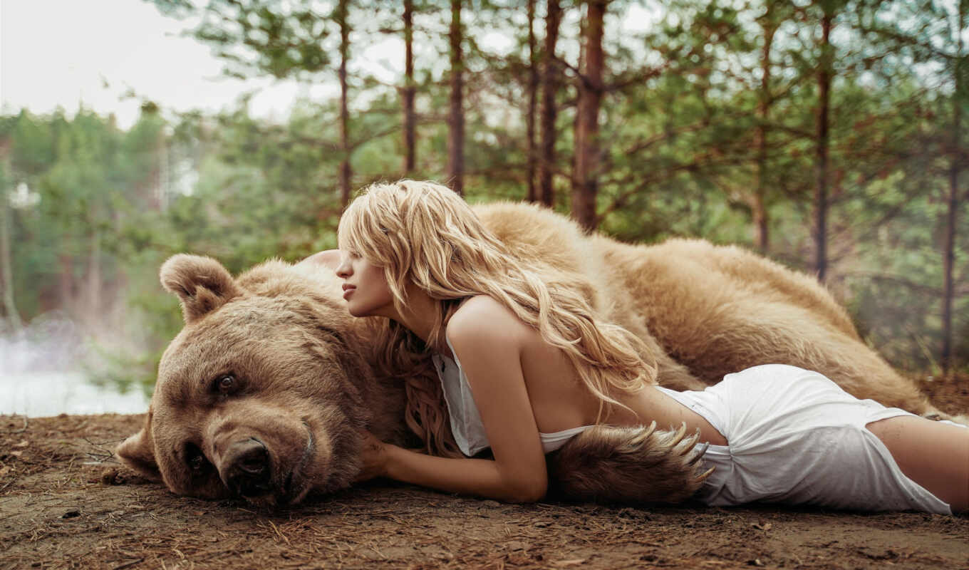 girl, bear, animal, irina, hug, lie