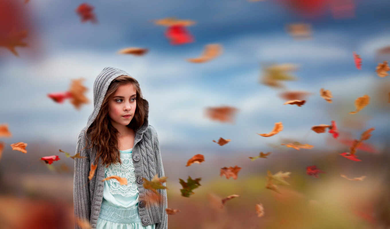 девушка, лист, осень, ветер