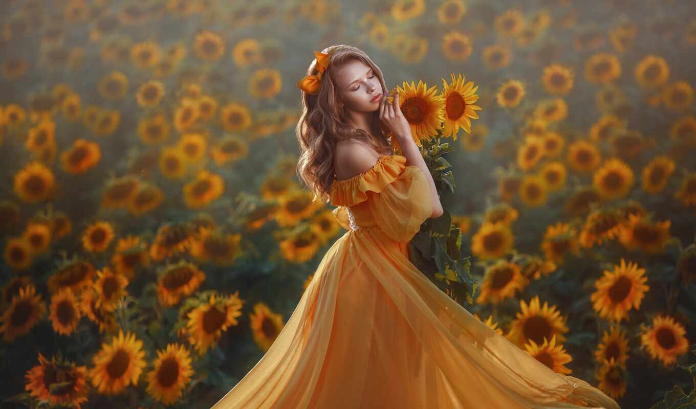 flowers, field, sunflower, model, dress, beautiful, mood, yellow, leg, pentelute