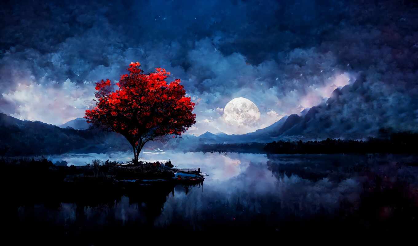 art, paint, tree, night, moon, cloud