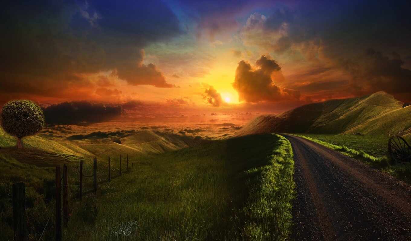 nature, mobile, background, sunset, road, landscape, heaven, tablet, scenery, path, outdoor