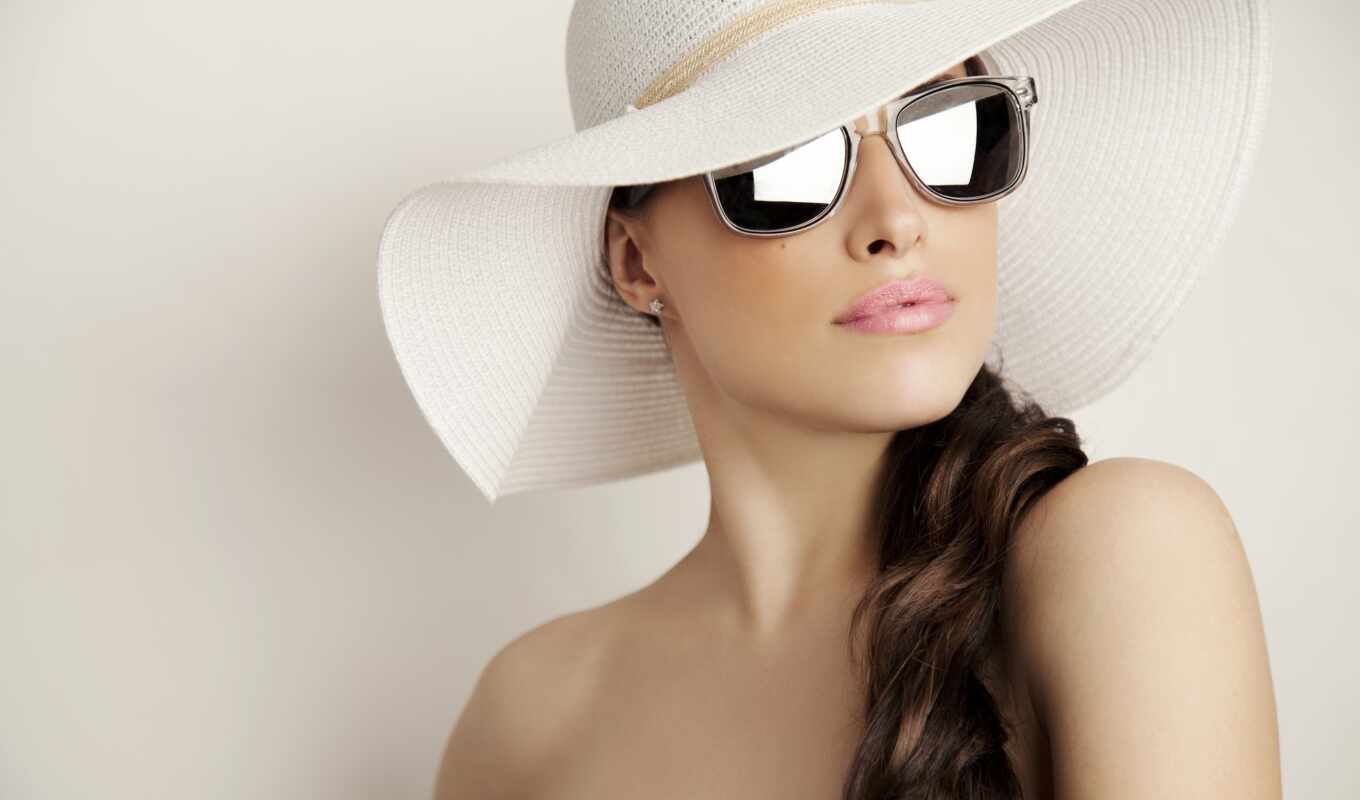 шляпа, девушка, white, glass, женщина, волосы, глаза, brunette, солнцезащитные очки, point