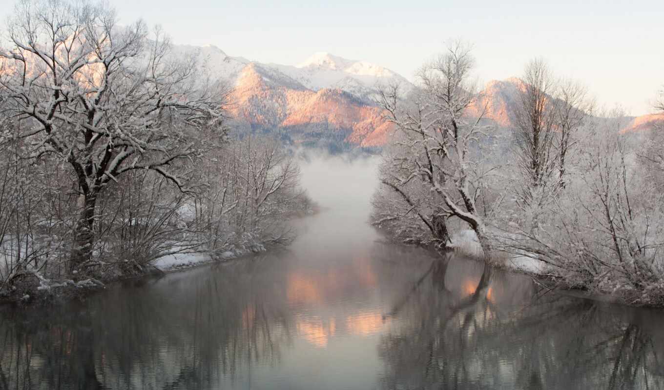 nature, snow, winter, river, trees, mountains, fog, rivers