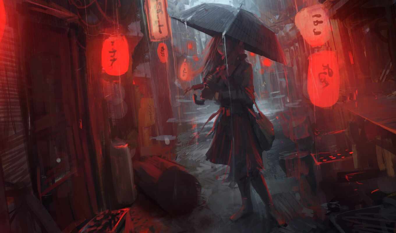 art, woman, rain, red, street, lights, fire, umbrella, Japan